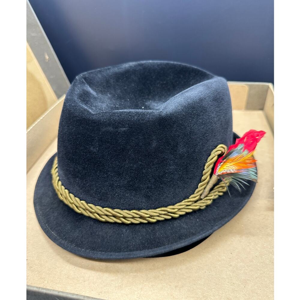 Vintage Mallory‎ Fifth Avenue Fedora Hat Feather & Original Champ Box Black Wool